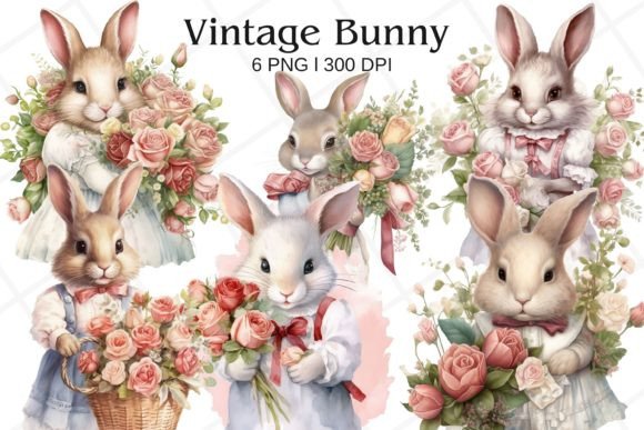 Download Vintage Bunny Roses Watercolor Clipart - Premium Resources
