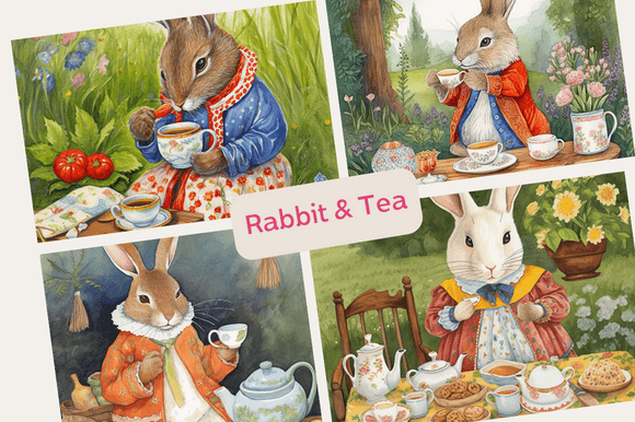 Download Vintage Rabbit Drinks Tea Watercolor Art - Premium Resources